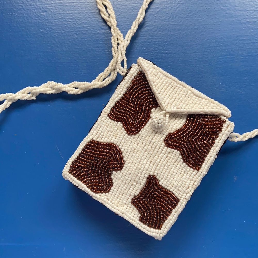 One of a kind, cross body, Holy Cow Beaded bag white brown tre chic New